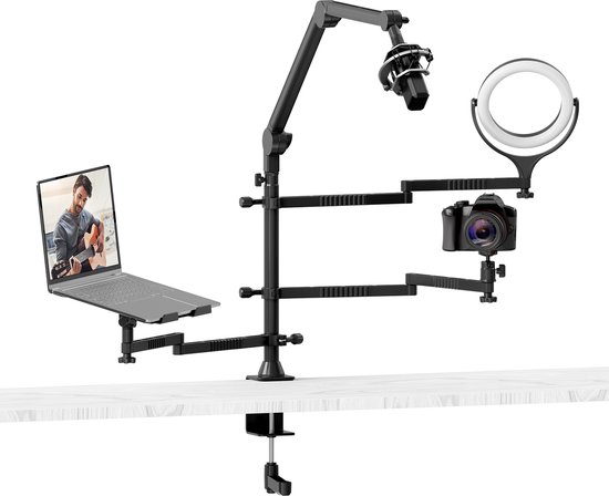 Foto: Vijim ls21 live broadcast stand met 4 armen en tafelklem microfoon arm monitor arm voor laptop tablethouder 2x losse arm statiefkop zwart