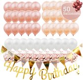 Set Anniversaire & Décoration Ballons Saumon – Rose - Incl. Guirlande Happy Anniversaire, Banderoles, Ruban et 50 Ballons - Pack Ready Fête