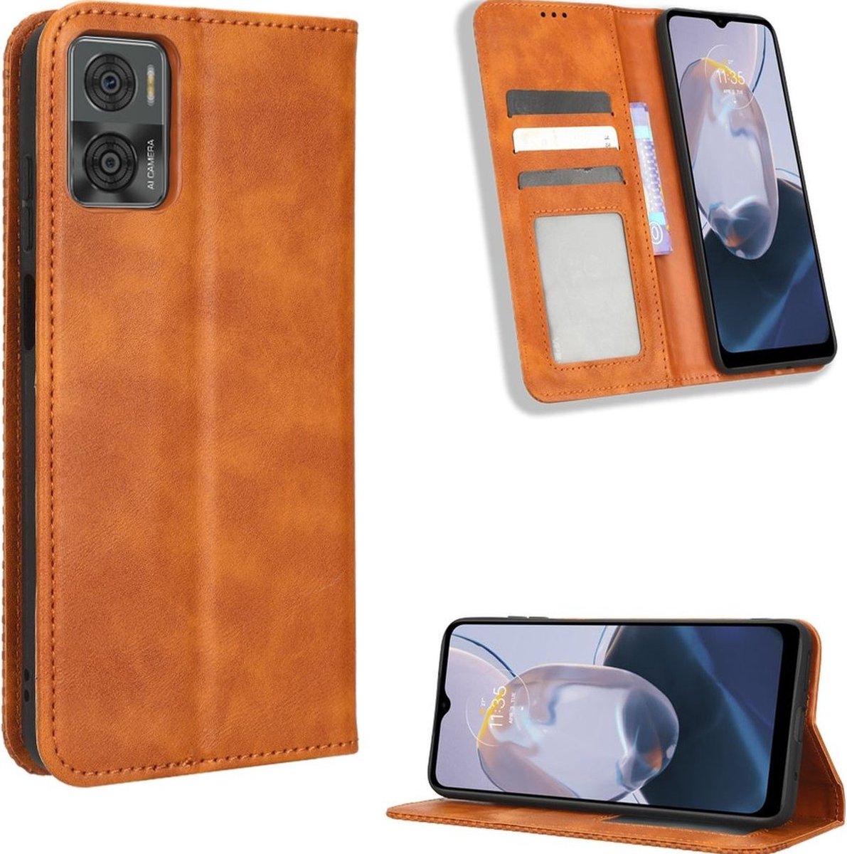 Mobigear Telefoonhoesje geschikt voor Motorola Moto E22i Hoesje | Mobigear Sensation Bookcase Portemonnee | Pasjeshouder voor 3 Pasjes | Telefoonhoesje voor Pinpas / OV Kaart / Rijbewijs - Bruin