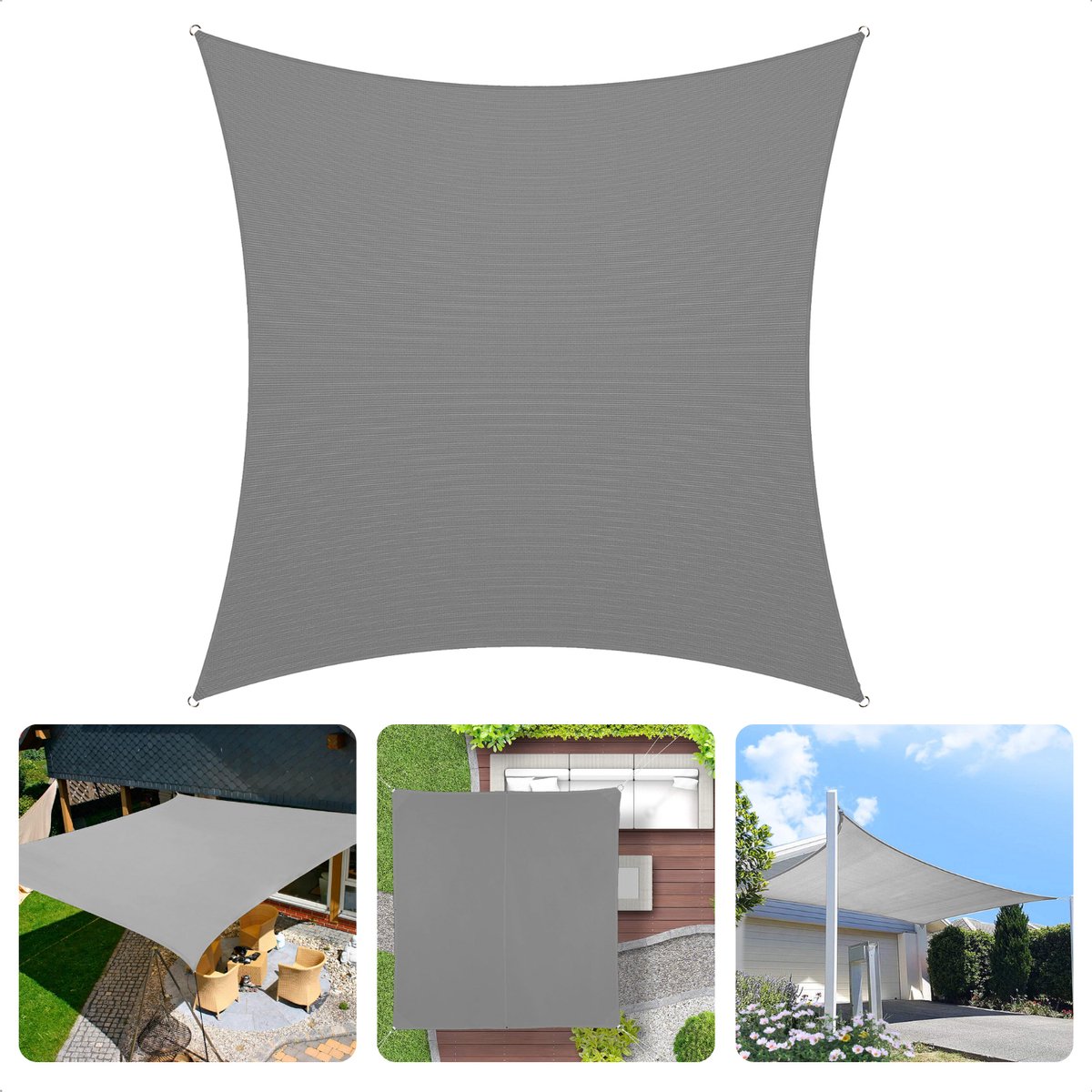 Cheqo® Schaduwdoek Vierkant - Lichtgrijs - Waterafstotend Polyester 100% - 4 x 2.30 m Touw - Met Draagzak - 500x500 cm