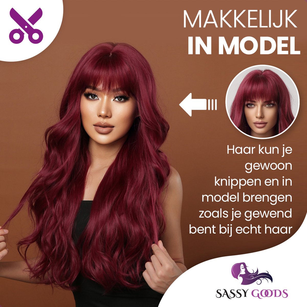 SassyGoods Rode Pruik - Pruiken Dames Lang Haar met Pony - Wig - Haarwerk - Wasbaar - Wijn Rood - 70 cm — afbeelding 2
