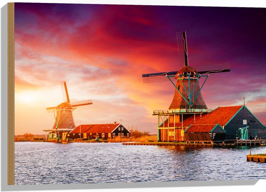 Hout - Nederlandse Windmolens aan het Water onder Paars met Oranje Lucht - 75x50 cm - 9 mm dik - Foto op Hout (Met Ophangsysteem)