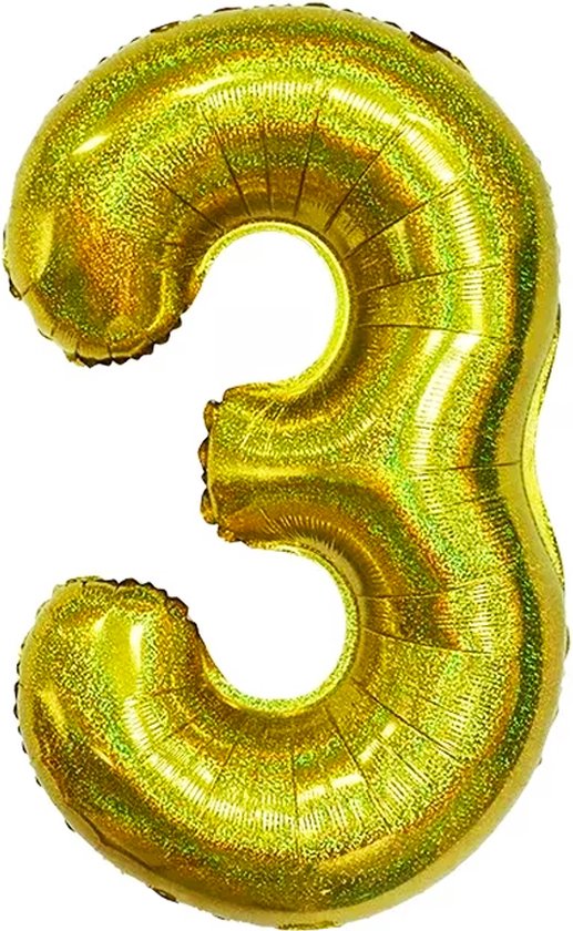 Folie Ballon Cijfer 3 Jaar Goud Glitter Verjaardag Versiering Helium Ballonnen Feest Versiering Met Rietje - 86Cm