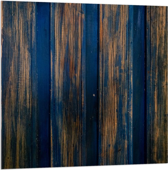 Acrylglas - Blauwe Verf Afgebladerd op Houten Deur - 100x100 cm Foto op Acrylglas (Met Ophangsysteem)