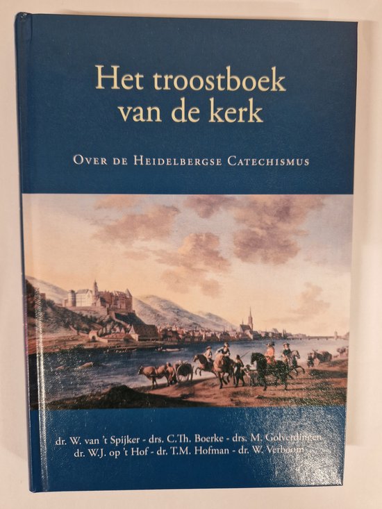 De voorkant van het boek 'Het troostboek van de kerk' met een schilderij van een stad met paarden en karren.