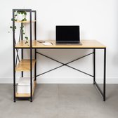 Industrieel bureau met planken – Stalen frame met houten bureaublad – Stevige laptoptafel – Bureau 120x64x72 cm – Kast 140x64 cm - Zwart/Naturel