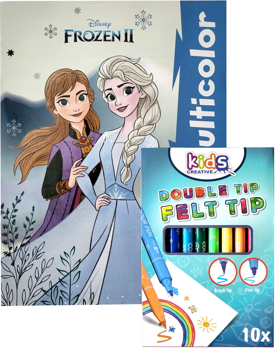 Disney Frozen - donkerblauw - Kleurboek 32 pagina's waarvan 17 kleurplaten en 17 gekleurde illustraties - 10 x dubbelpunt stiften - prinsessen - verjaardag - cadeau - kado