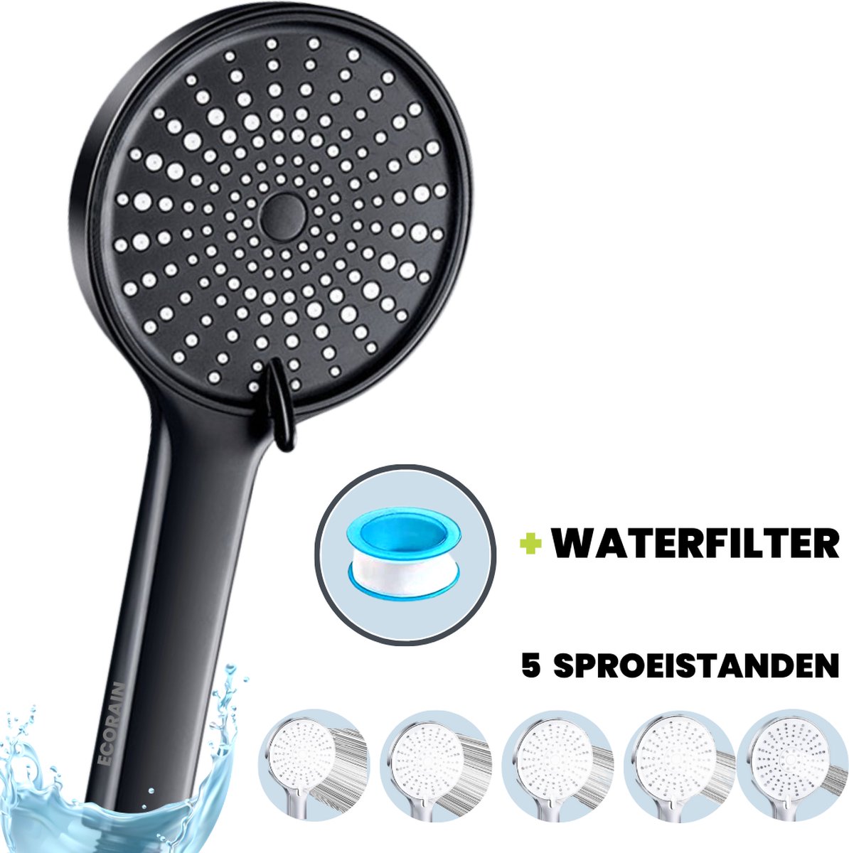 EcoRain™ Waterbesparende Douchekop Mark met WATERFILTER - 50% Waterbesparend - Regendouche - 5 Sproeistanden - Hoge Druk - Betere Huid - Handdouche - Luxe Moderne Douchekop - Hoge Kwaliteit - Zwart