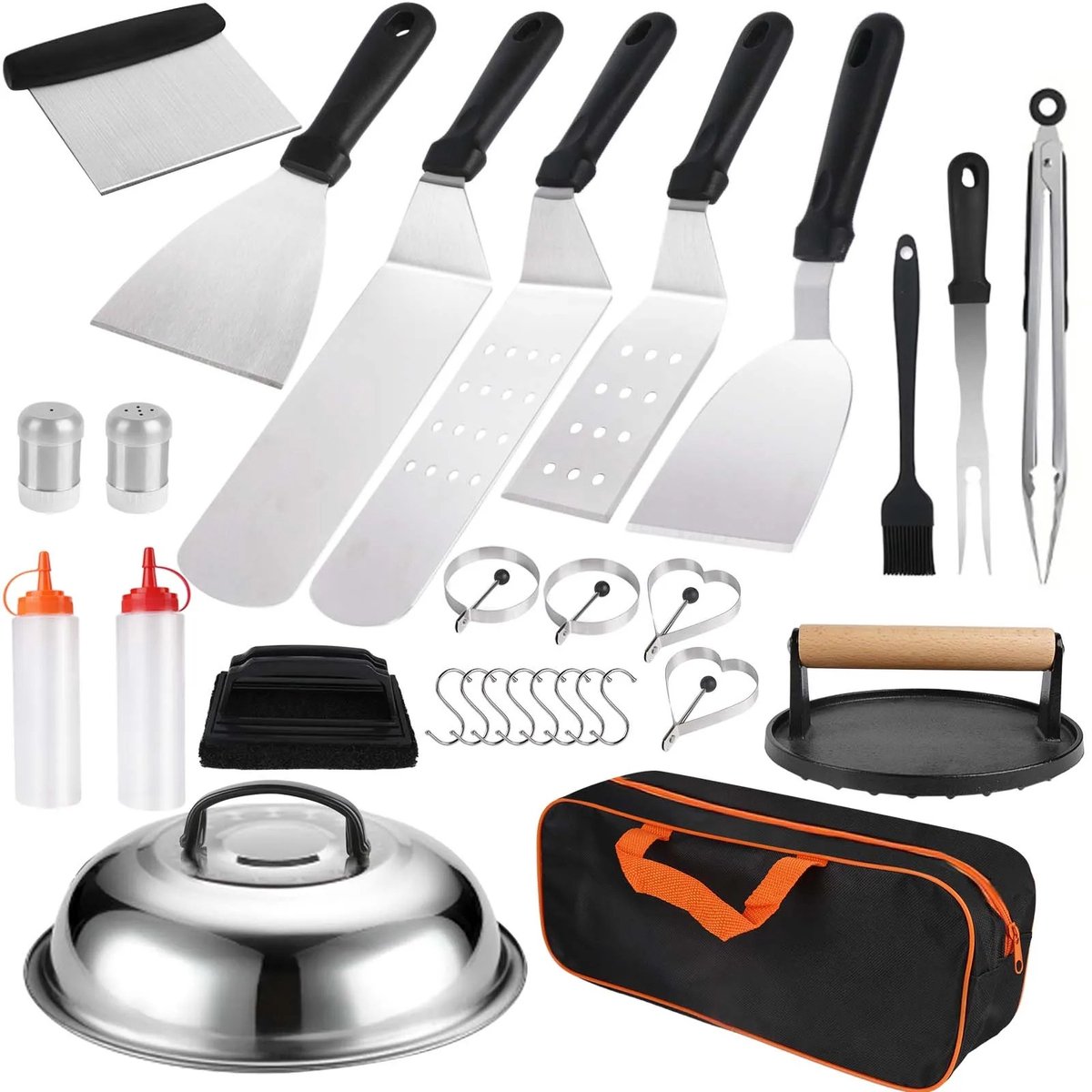 UFTA BBQ Griddle Accessoireset 29 Delig - Teppanyaki Spatelset RVS - Burgerpers & Koepeldeksel - Compleet Grillgereedschap - Zwart