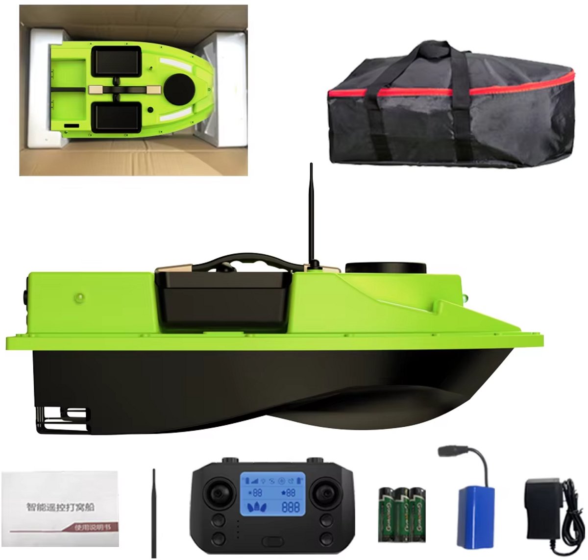 JOYNEXTBUY - D19 Aasboot met GPS – 600 Meter RC Voerboot met LED Nachtverlichting – 2 kg Laadvermogen – 4 Voerbakken – Automatische Terugkeer – Dubbele Motor – 12000 mAh Accu - Groen