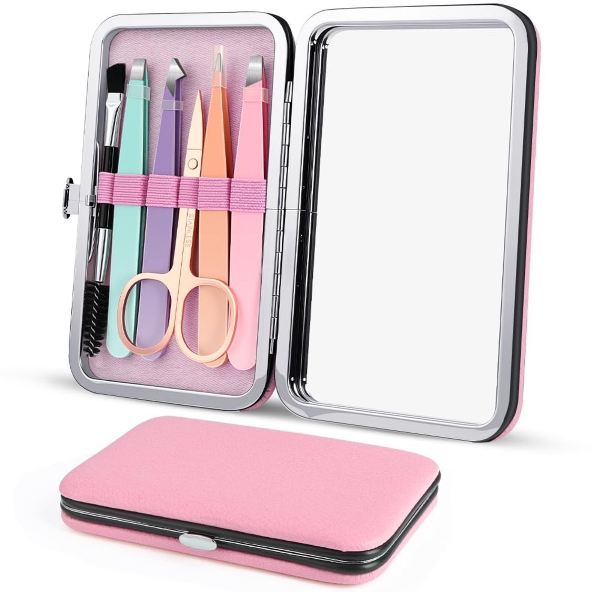 Dailygoods - flintronic Professionele wenkbrauwpincet, roestvrijstalen pincet voor wenkbrauwen, precisie-pincet, set met reisetui voor ingegroeide haren, wimperverlenging, wenkbrauwepileren (roze)