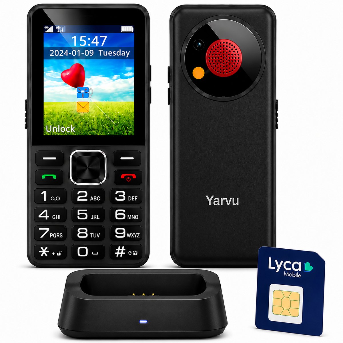 Yarvu ® - Uniwa 2 - Senioren Telefoon - 4G + Simkaart Geleverd - Met Oplaadstation - Dual Sim - SOS Functie - Design Mobiele GSM - Mobiel - Nederlandstalig Menu - Rood