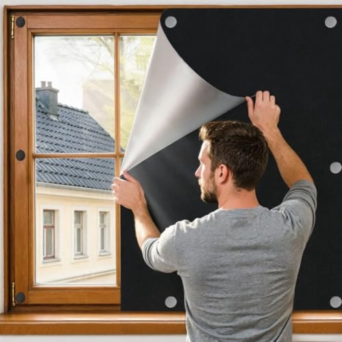 PromoHome Verduisterend Rolgordijn met Magneetsluiting 150 x 145 cm – Zonwerend, zonder Boren, Zwart, 420D Oxford-stof – voor Dakramen, Slaapkamer, Auto
