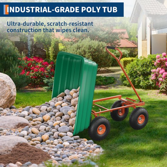 Tuinkar Met Kantelfunctie - 4 Wielen - Poly Tuinwagen - Voor Grond Bladeren En Tuingereedschap - Inhoud 125 liter - Groen + Oranje — afbeelding 2