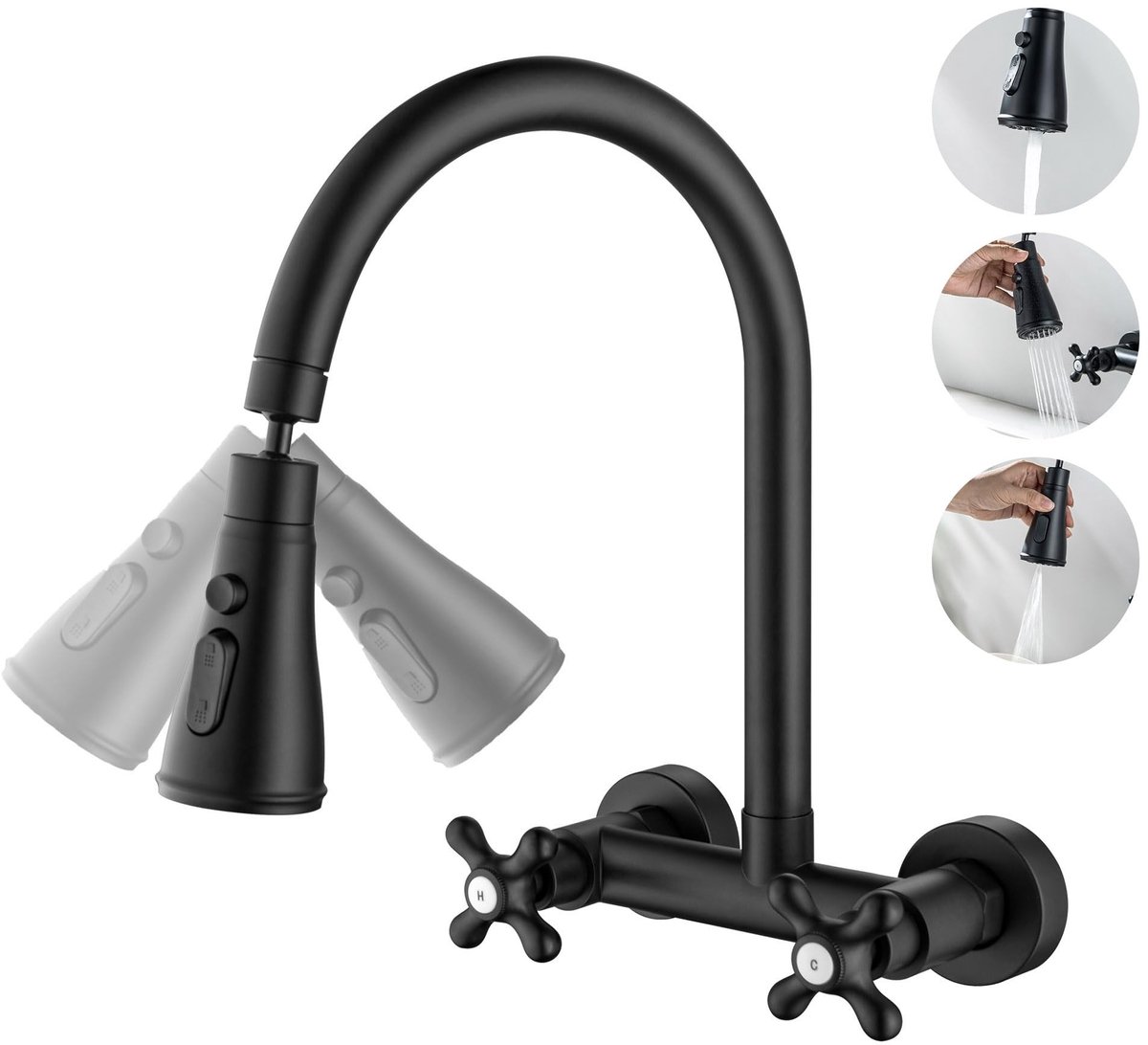 Dailygoods- Keukenkraan Wandmontage - 360° Rotatie - 3 Spray Modi - Roestvrij Staal - Zwar