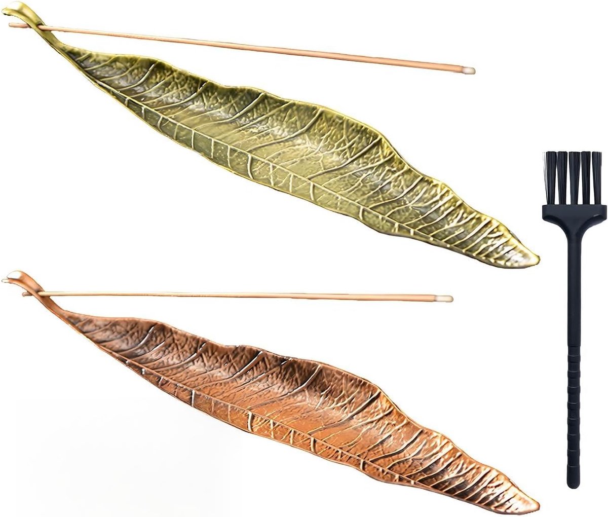 Wierookstokjeshouder 3-delig - 2 metalen bladeren - bronskleurig en koper - elegante asvanger voor meditatie - ShopVlot