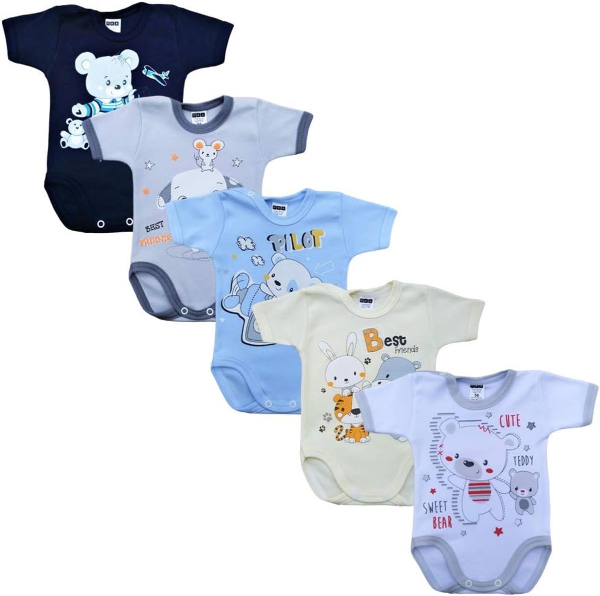 Baby bodysuit 5-pack - korte mouwen - 100% katoen - unisex ontwerp voor comfortabel dragen - ShopVlot