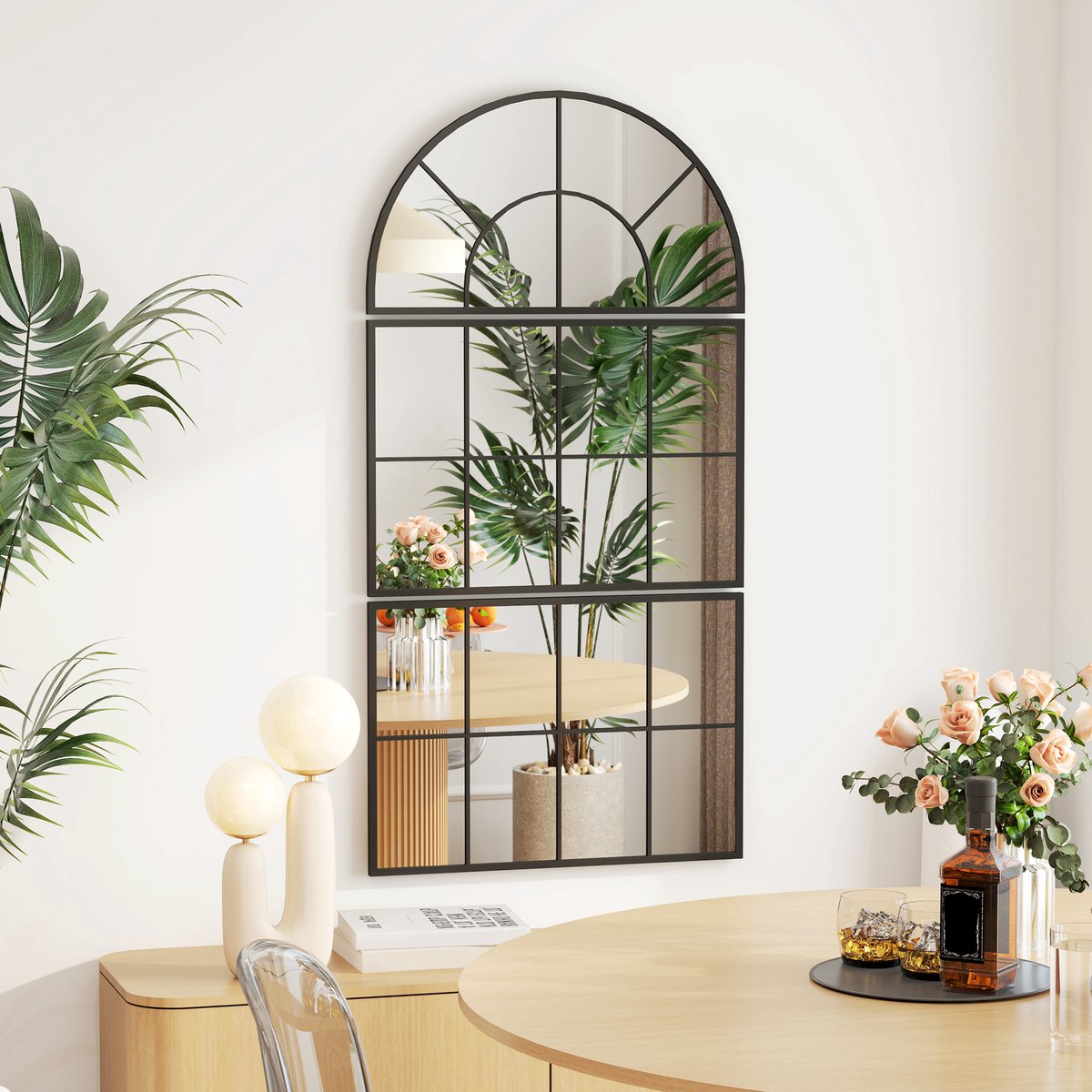 Wandspiegel Drieledig Bogenvormig Metalen Frame 76 Cm Zwart Decoratieve Wandspiegel Voor Badkamer Woonkamer En Hal