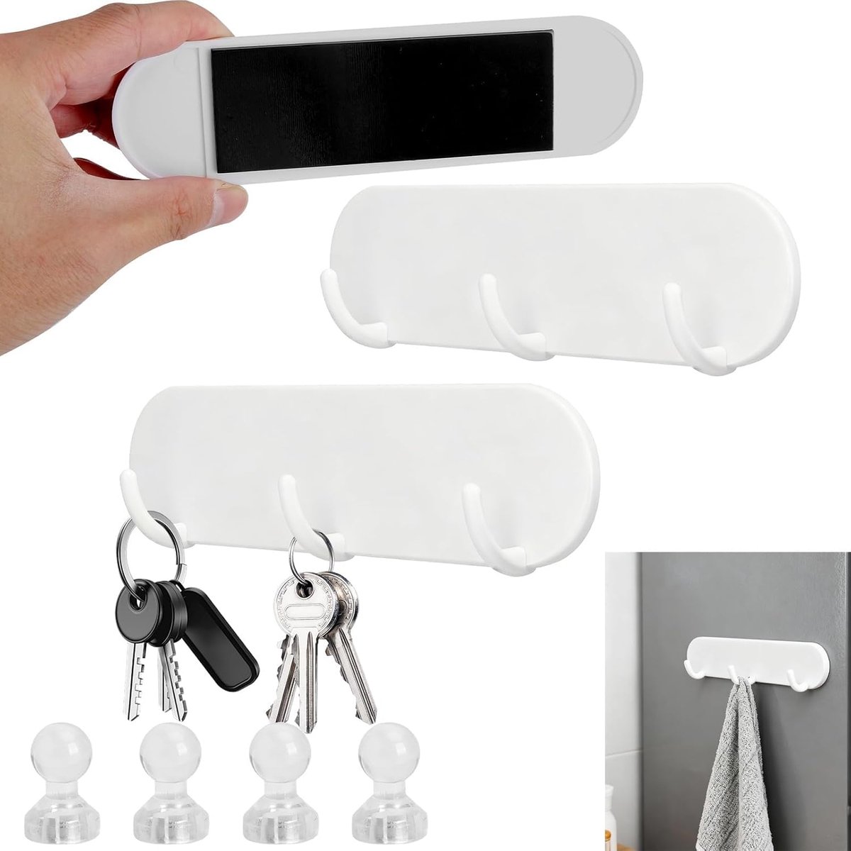 Magnetische sleutelhouder met 3 haken - 2 stuks - zonder boren - perfect voor de keuken - ShopVlot