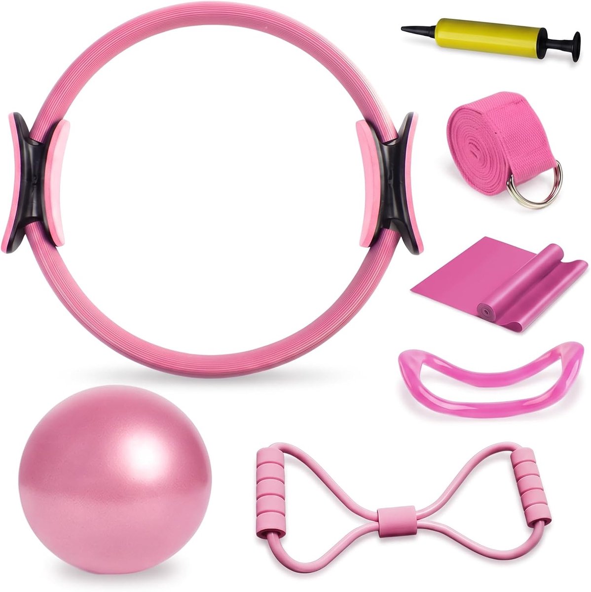 7-delige pilatesset voor thuis - roze - compleet met ring, bal, weerstandsbanden - ShopVlot