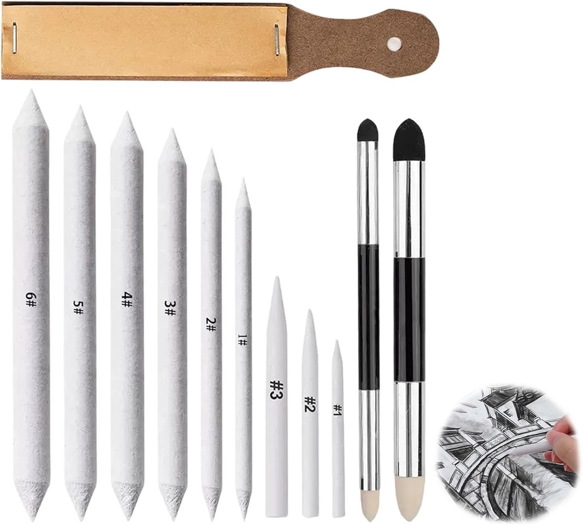 Paper Eraser Set 12pcs - Tortillions en Blending Stumps - Dubbelzijdige Gummen - Ideaal voor Kunst en Schilderen - ShopVlot