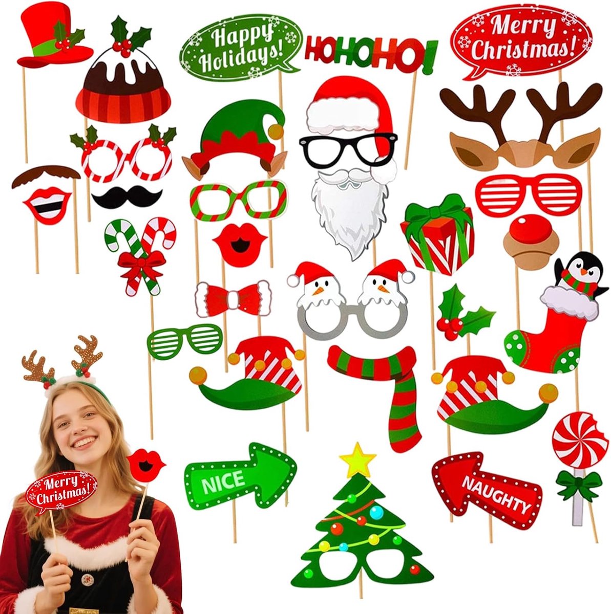 Fotoprops set kerst 32 stuks - papieren accessoires - rood groen - voor feestelijke fotoshoots - ShopVlot