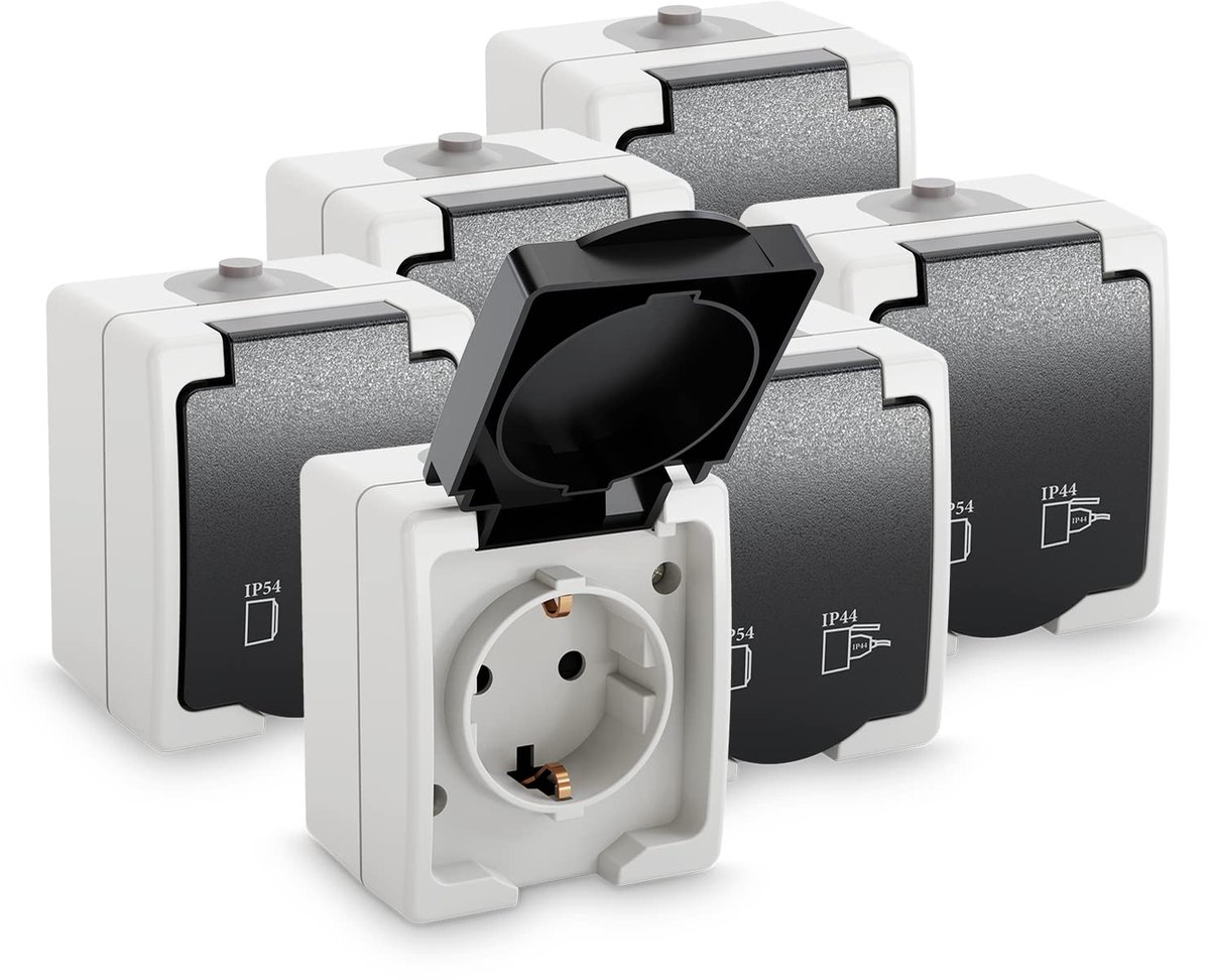 Oppervlakte gemonteerde stopcontact natte ruimtes - 6 x 1-weg stopcontact met klep - IP44 - ShopVlot