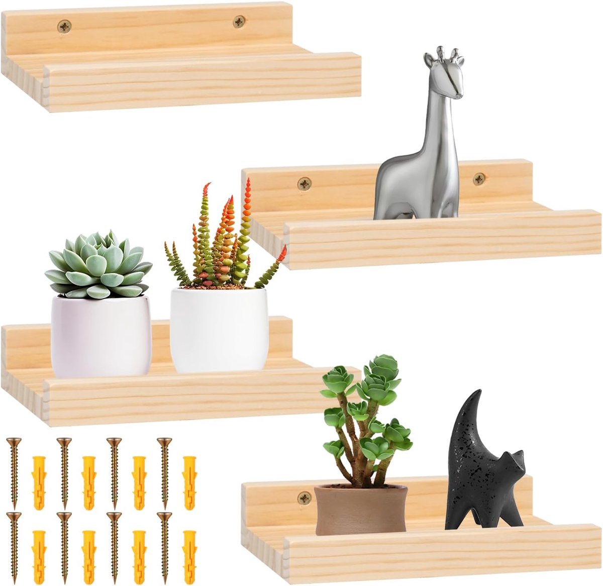 Wandplank Set 4 Stuks - Houten Planken 20 x 12 cm - Natuurlijk Hout - Decoratieve Muuropslag - ShopVlot
