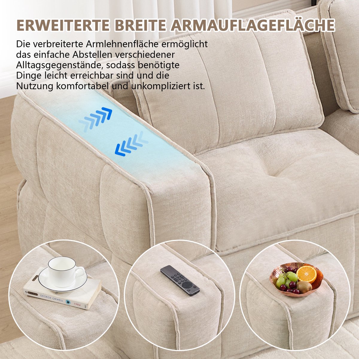 OKWISH U Bank 3 Zits Met 2 Hockers Ruime Diepe Zit Zonder Montage Met Brede Armleuningen Voor Woonkamer Polyester Beige