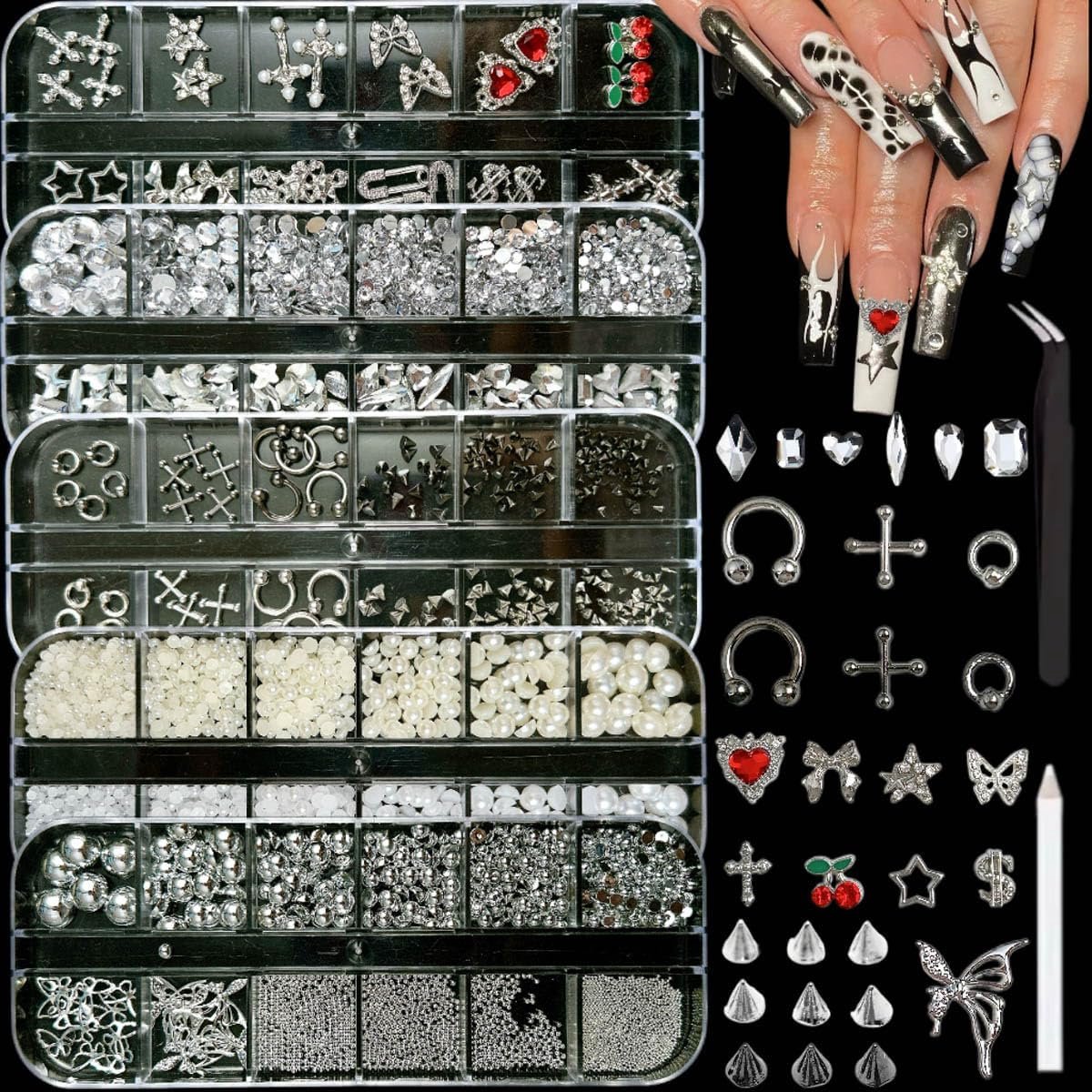 Nail Charms Set - 5 Dozen 3D Nagelaccessoires - Zilver en Rhinestones - Voor unieke nageldesigns - ShopVlot