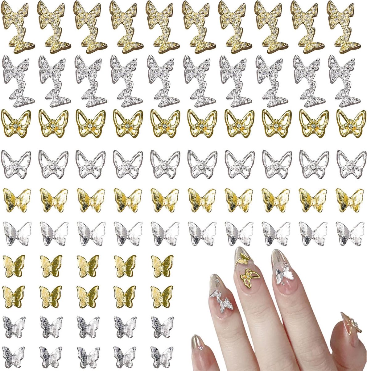 Nail art accessoires 80 stuks - 3D vlinder nail stones - goud en zilver - perfect voor creatieve ontwerpen - ShopVlot
