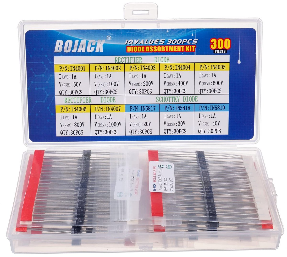 BOJACK 10 Values 300pcs Rectifier Diodes 1N4001 1N4002 1N4003 1N4004 1N4005 1N4006 1N4007 Schottky Diodes 1N5817 - ShopVlot