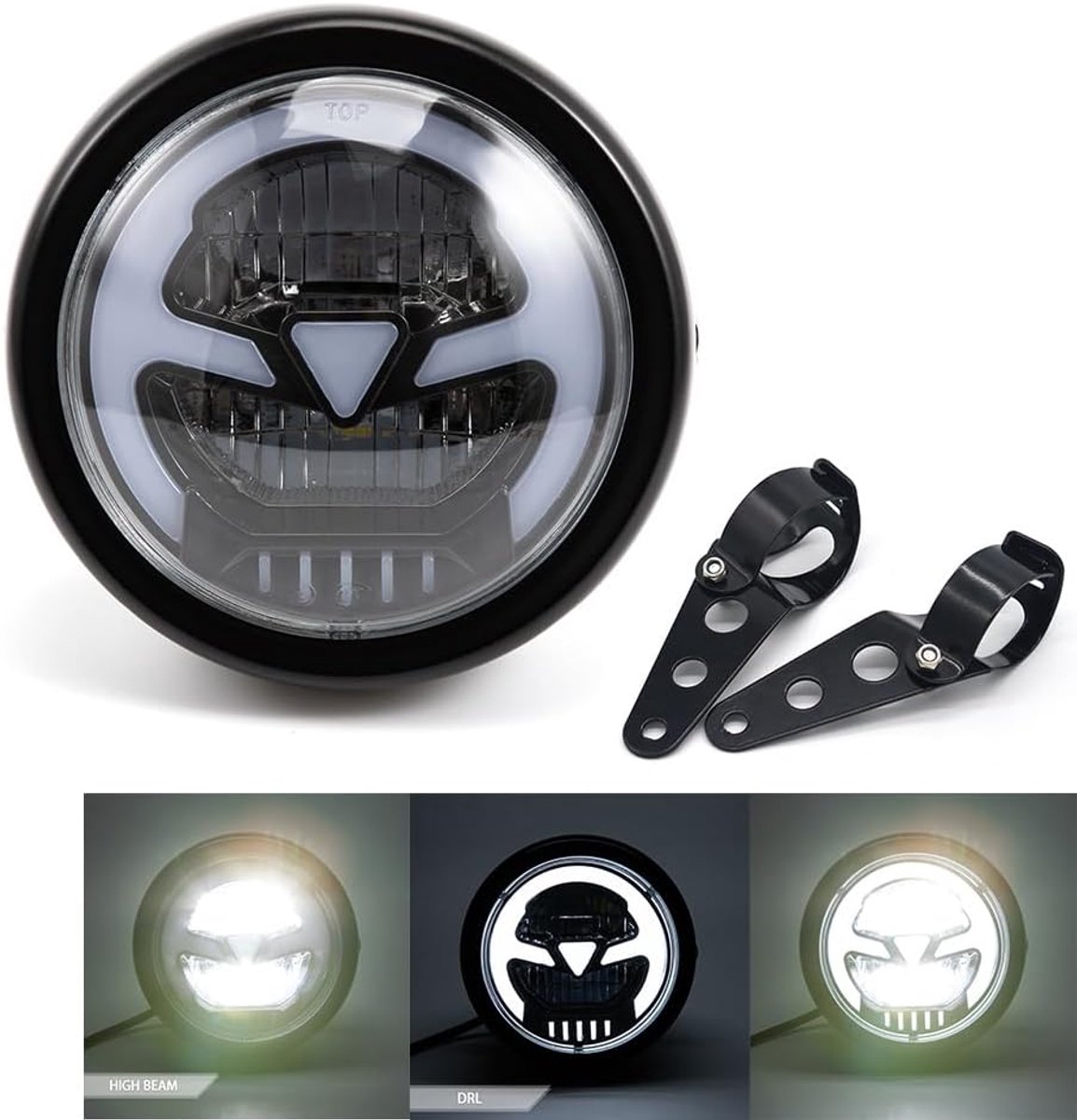 Motorcycle Headlight 6.41 Inch LED Headlight for Cafe Racer Bobber Chopper, Headlight with DRL (White DRL) - ShopVlot