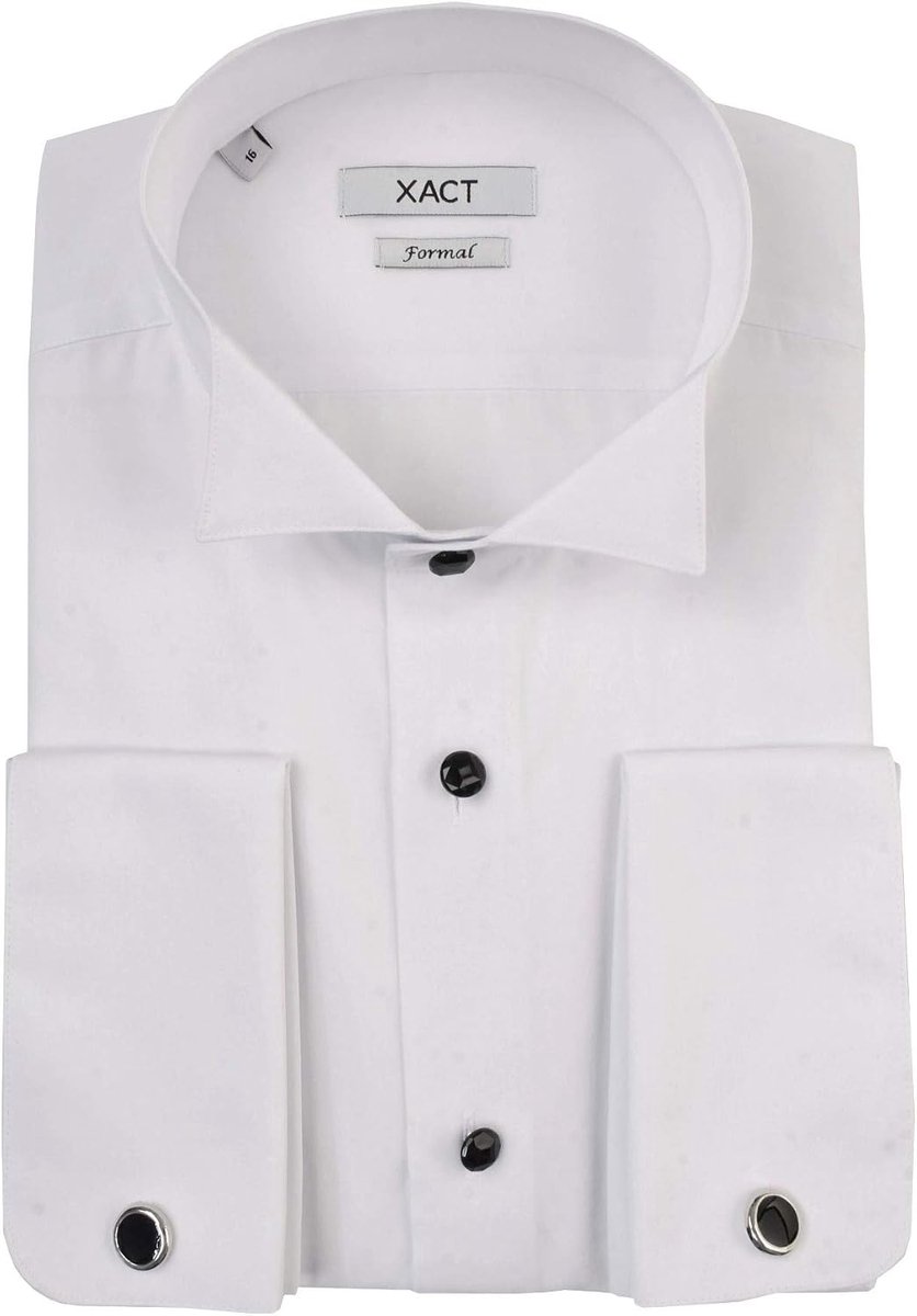 Xact Men's Formal Tuxedo/Dress Shirt with Double Cuff and Cuff Left (White - Wing Collar - Black Buttons) 18 1/2" - ShopVlot