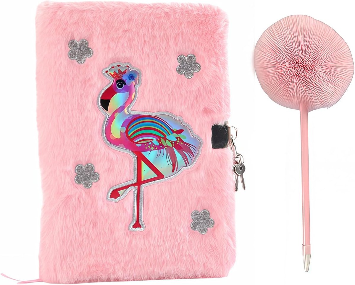 Geheim dagboek voor meisjes met slot en pluche pennenset, A5 flamingo-notitieboek met pluche omslag als cadeau voor - ShopVlot