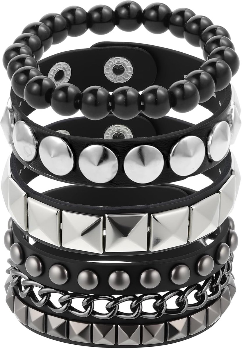 4 Pieces Punk Leather Cuff Bracelets, Rivet Bracelets, Gothic Leather Bracelets with Metal Rivets for Men and Women - ShopVlot