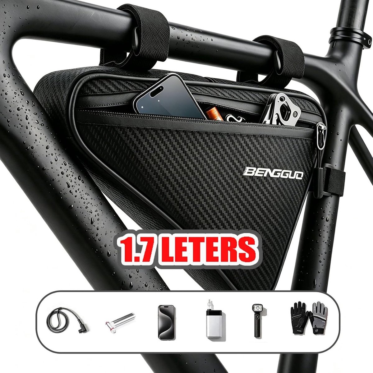 Driehoekige fietstas, waterdicht, 1,7 l, ideaal voor mobiele telefoon en sleutels, geschikt voor mountainbike, grind - ShopVlot