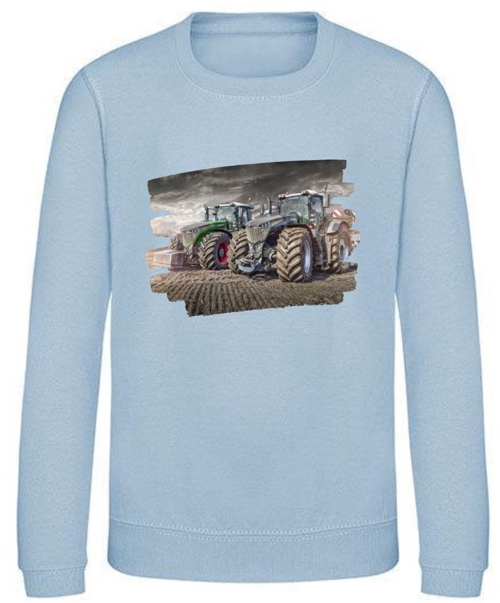 Lichtblauwe kindersweater tractor groen met rode wielen - Blauw - 122/128