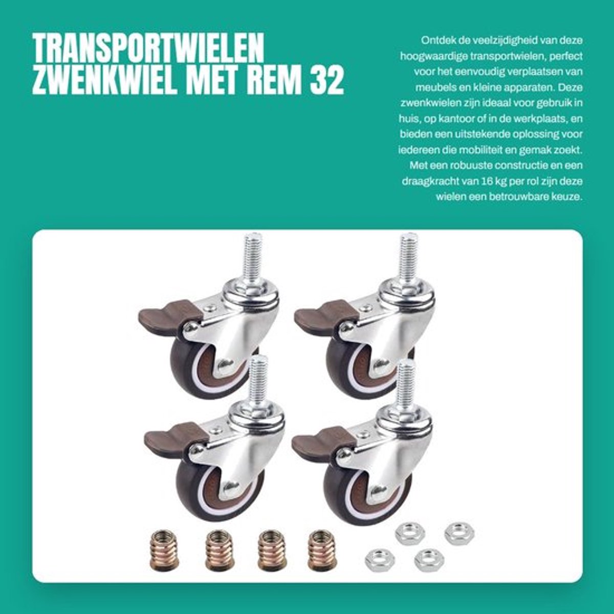 Zwenkwiel Set van 4 - Zwenkwiel met Rem - Draagkracht 16 kg per Rol - Wieldiameter 32 mm - TPE-Rubber - Verchroomd Plaatstaal - Meubelwiel