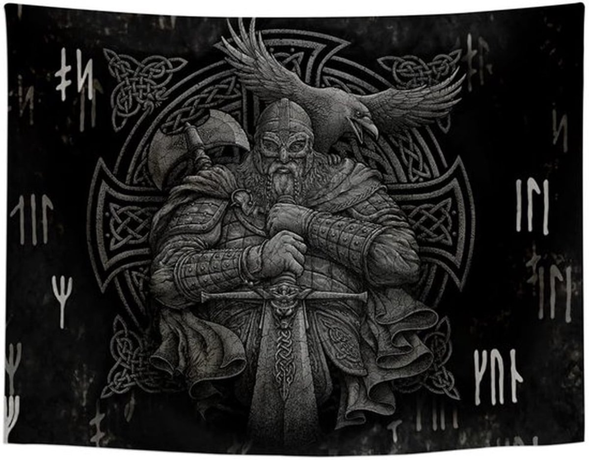 Wandtapijt Noordse Mythologie Odin - Decoratief Wandkleed - Muurdecoratie Woonkamer - Gobelin Tapijt - Grijs - 150 cm x 130 cm