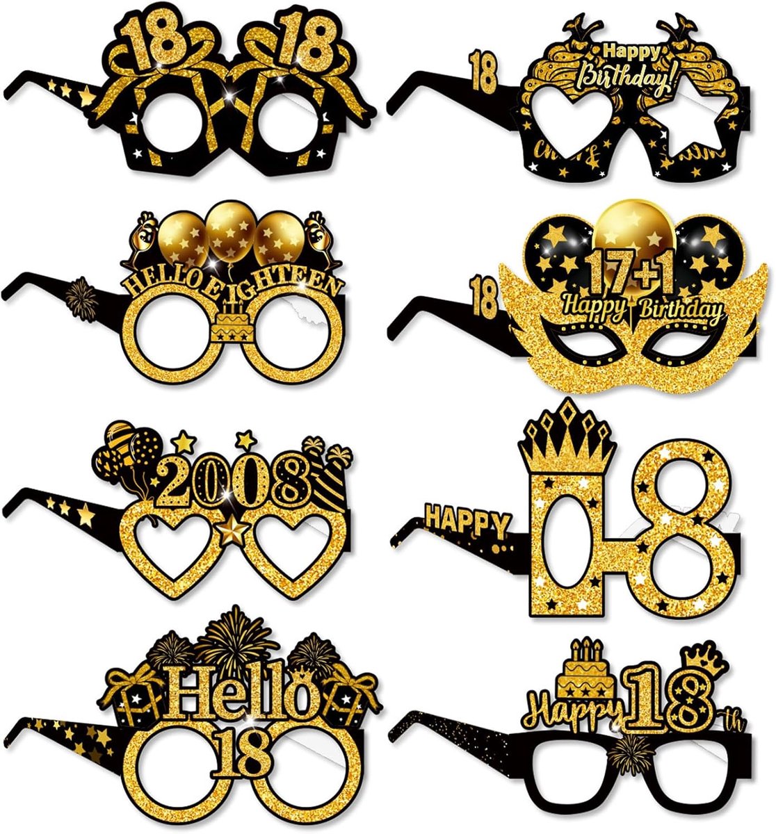 Papieren feestglazen 8-pack - zwart goud - Happy 18e verjaardag - perfect voor fotobooth - ShopVlot