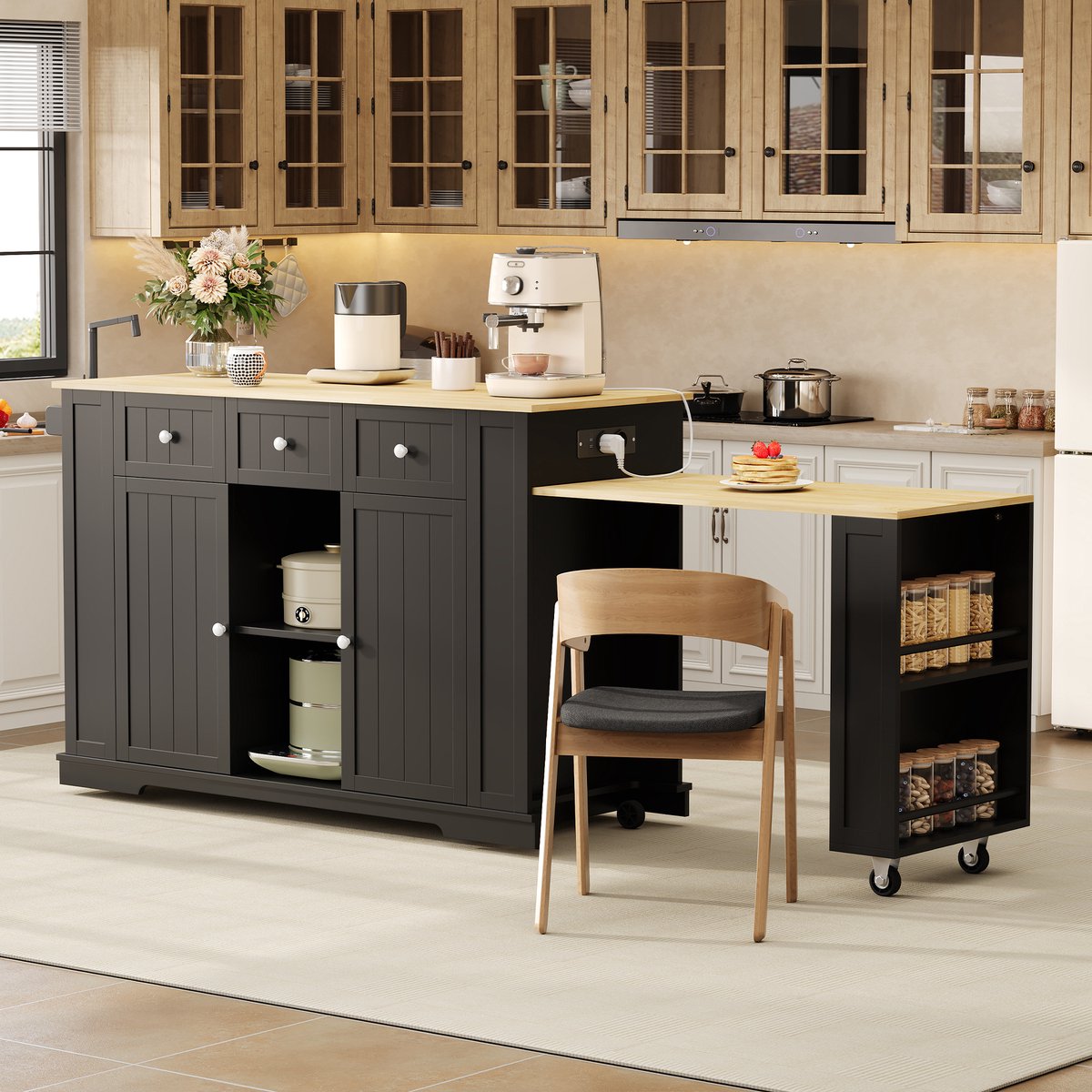 MODFU - Mobiele Keukeninsel - Uittrekbare Eettafel - Verstelbare Planken - Zwart Naturel - MDF