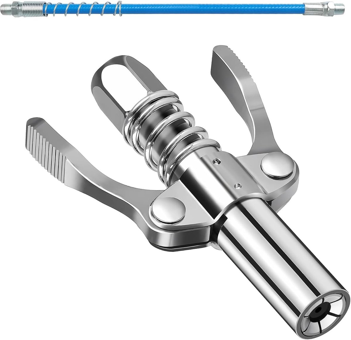 Vetspuit Mondstuk - Vetspuit Koppeling - Smeren van Machines - Versterkte Klembek 6 Elementen - 30 cm Slang - Zilver