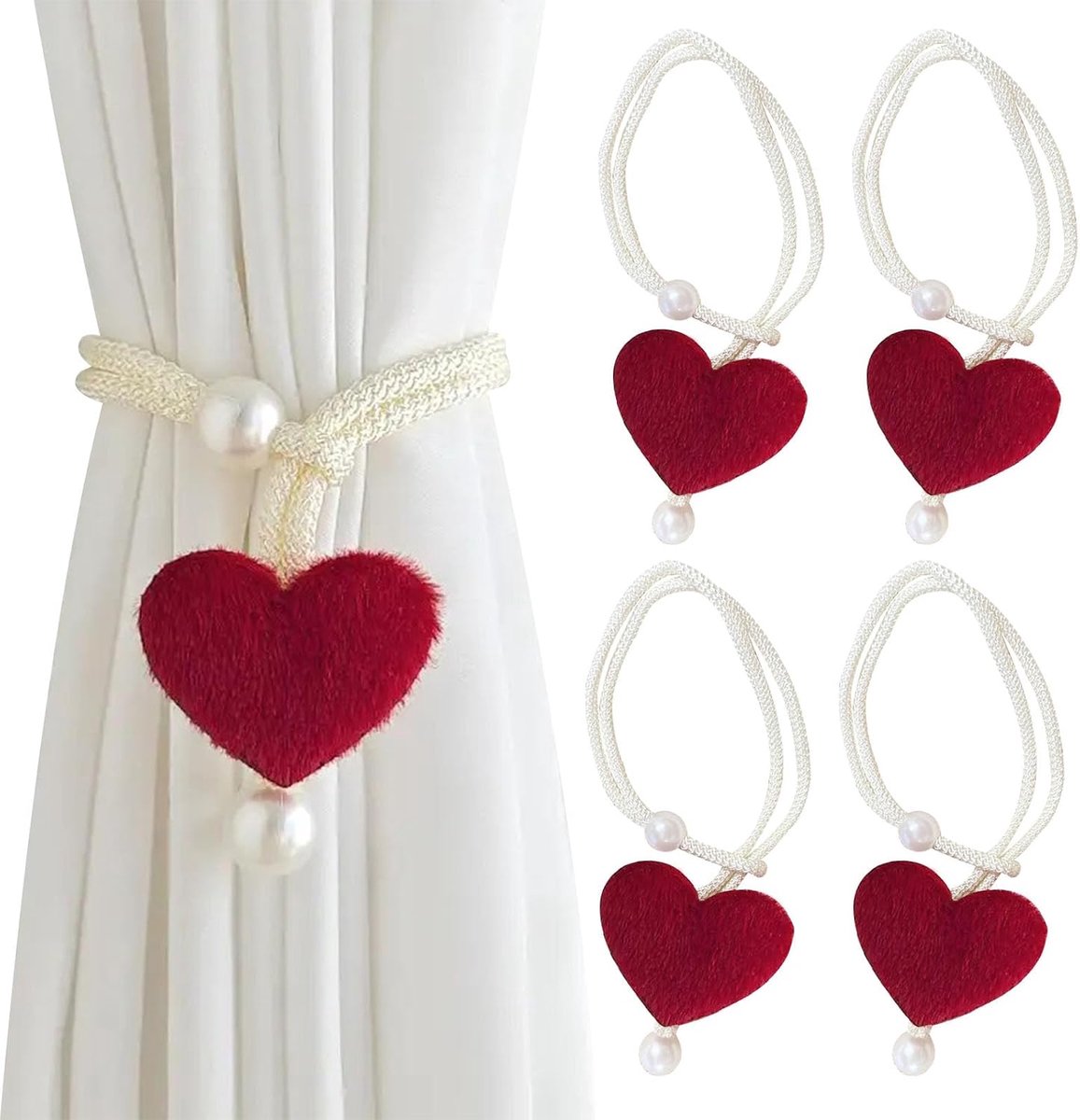 Gordijnhouders 4 Stuks - Pluche Hart - Decoratieve Parels - Perfect voor Thuis en Kantoor - ShopVlot