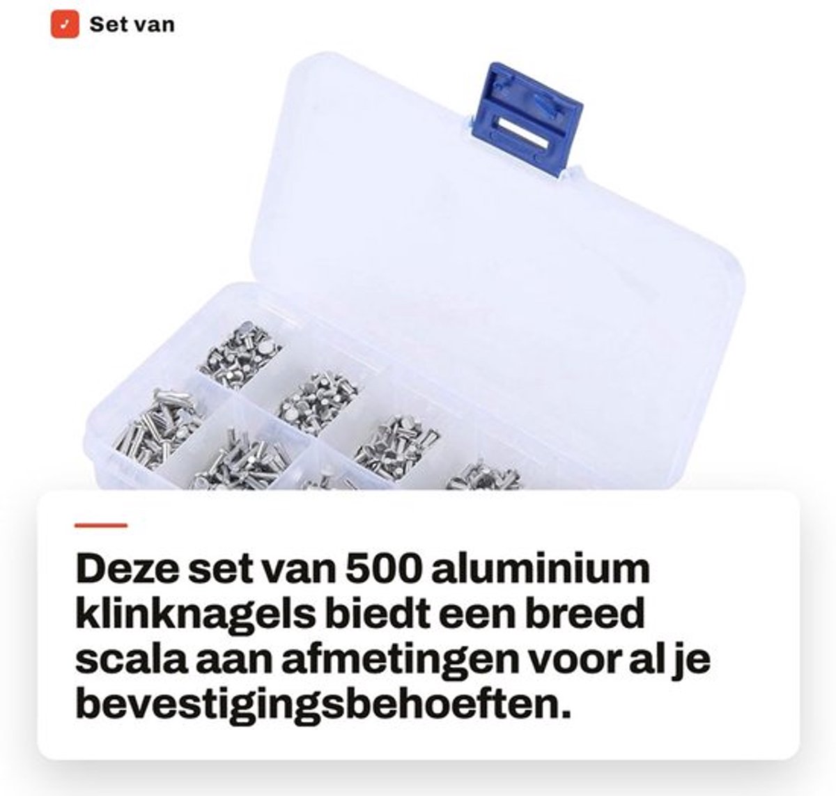 Klinknagelset 500 Stuks - Aluminium Klinknagels M2/3/4/5/6/8/10/12/14/16/18 mm - Platte Kop - Corrosiebestendig - Met Plastic Doos - Bevestigingsmateriaal