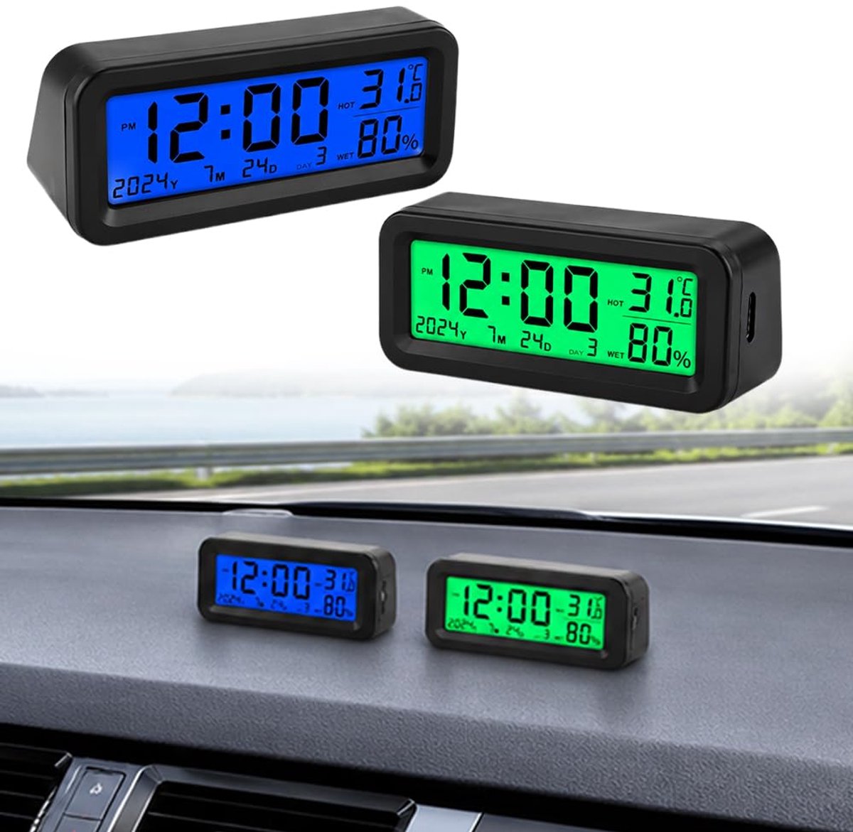Mini-autoklok 4-in-1 - digitale klok - automatische achtergrondverlichting - multifunctioneel display - ShopVlot
