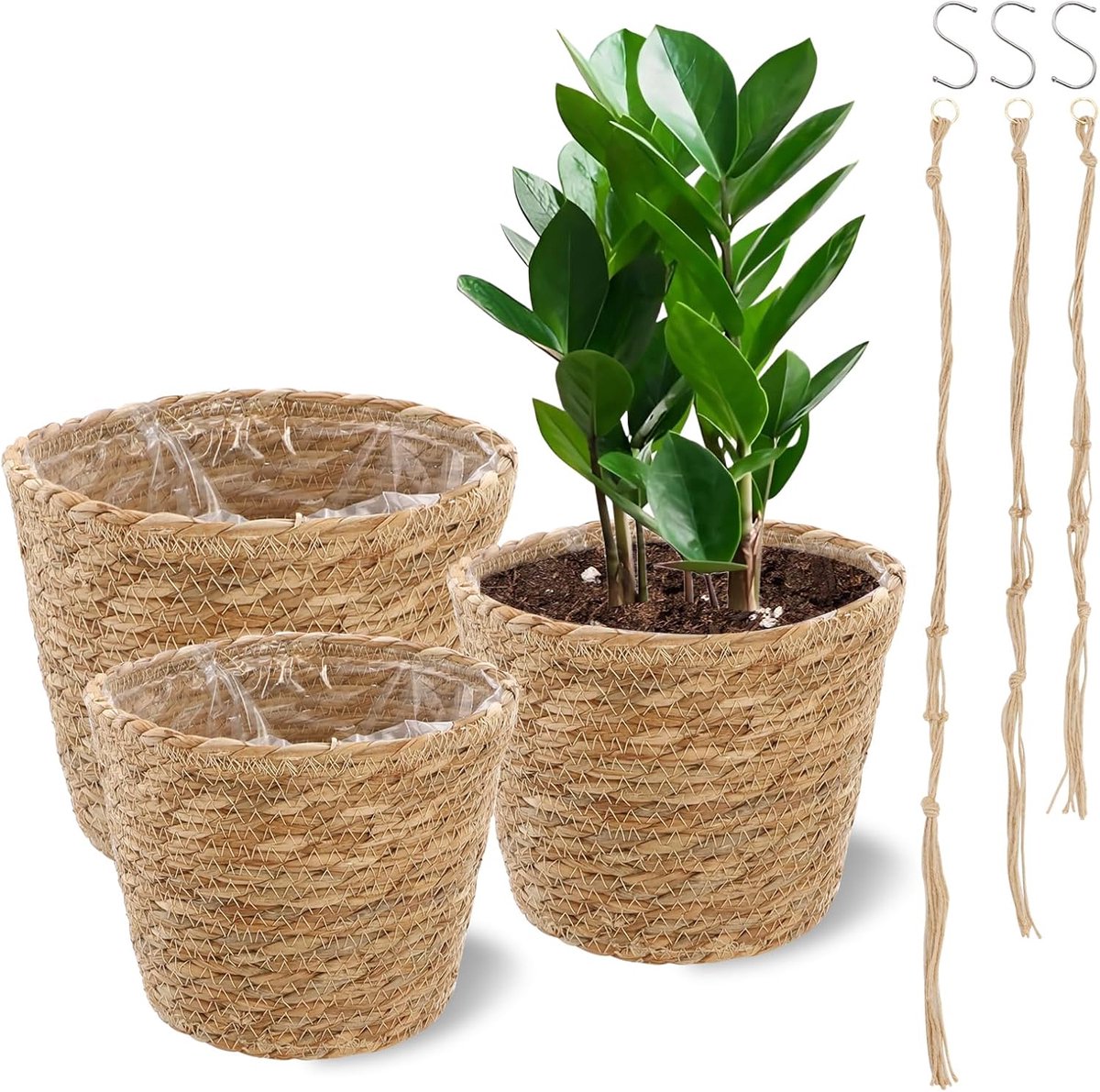 3 Pieces Braided Flower Pots, Rattan Flower Pots, Round with Macrame Flower Pendant, Natural Seagrass Flower Pots with - ShopVlot