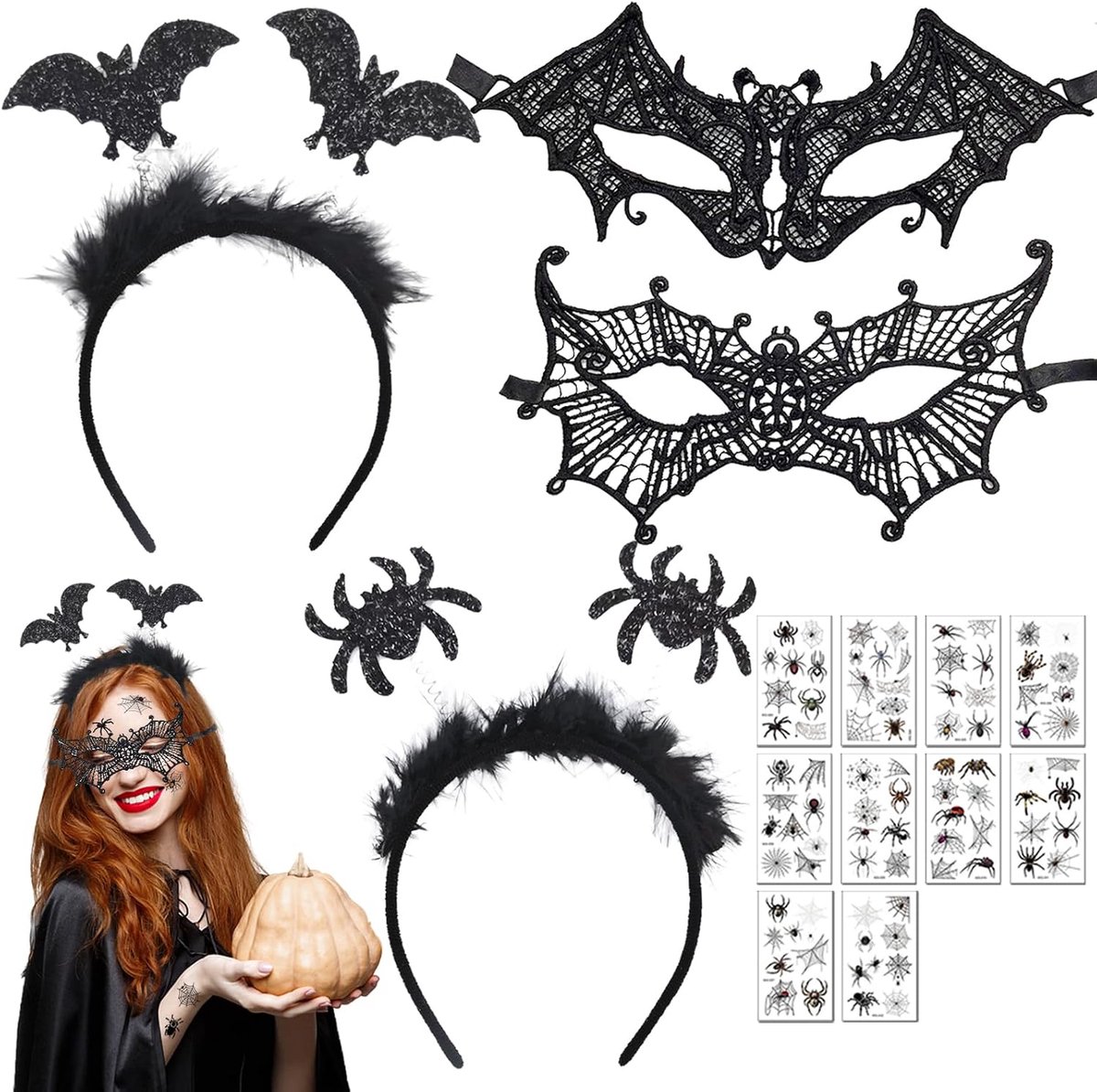 Bat Hair Band, 7 Pieces Halloween Accessories, Bat Headband Masks, Vampires Headwear Masks, Halloween Makeup Tattoo - ShopVlot