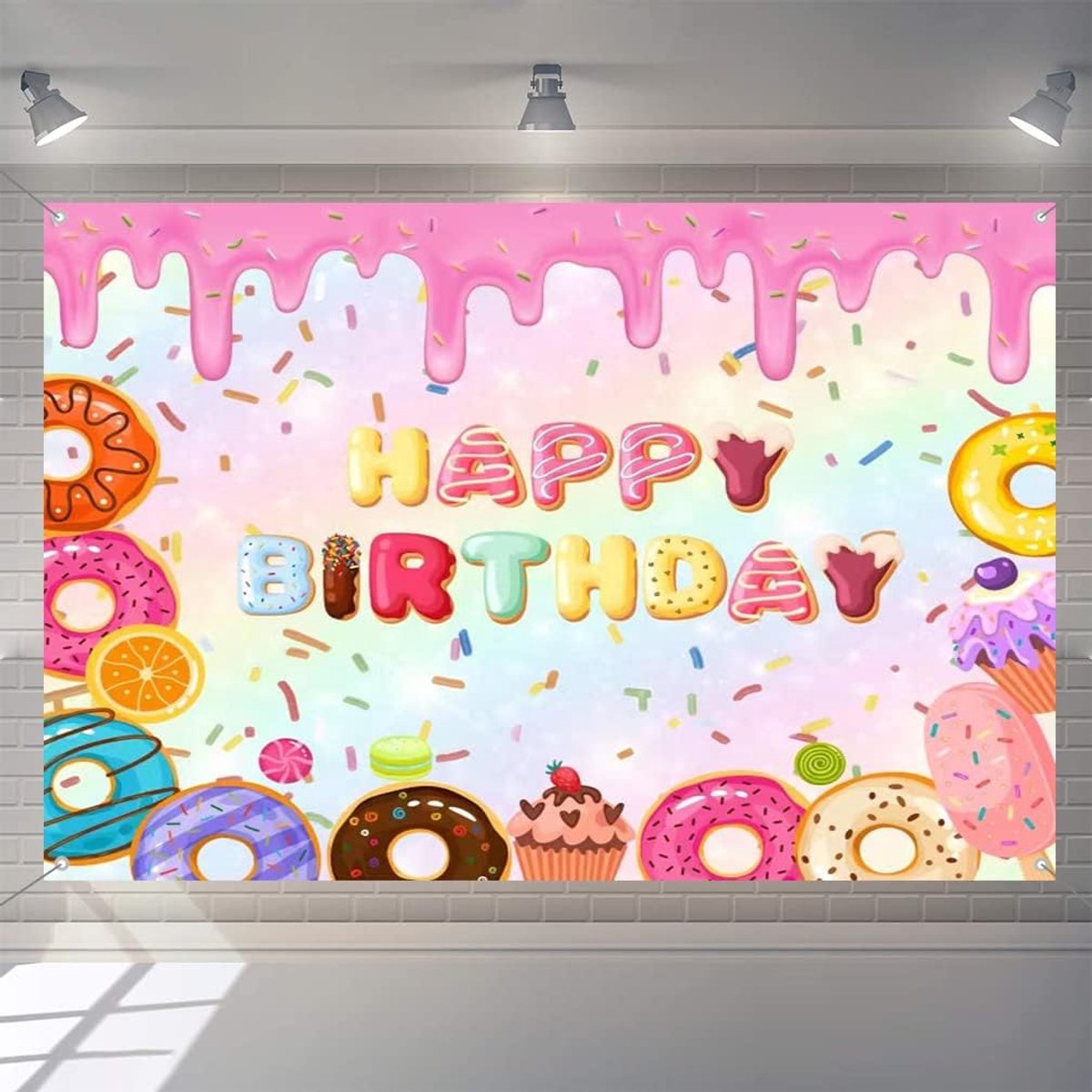 Donut birthday background donut birthday party background litter donut theme birthday party decorations banner for - ShopVlot