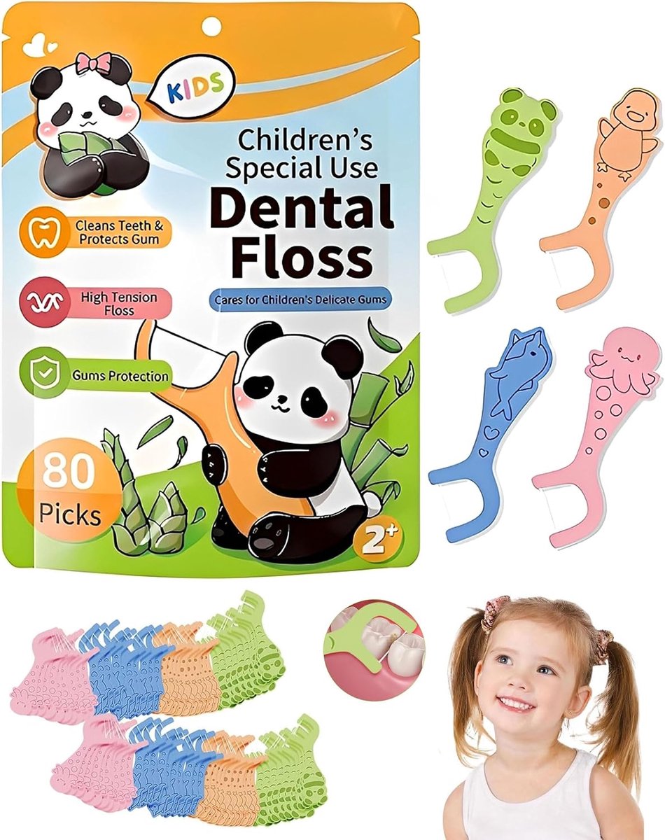 80 stuks tanddraad, tanddraad met handvat, tanddraad staafjes voor kinderen, met dierenvormen voor het reinigen van - ShopVlot